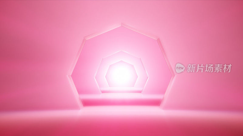柔软的粉色六边形形状在未来的隧道中向前飞行