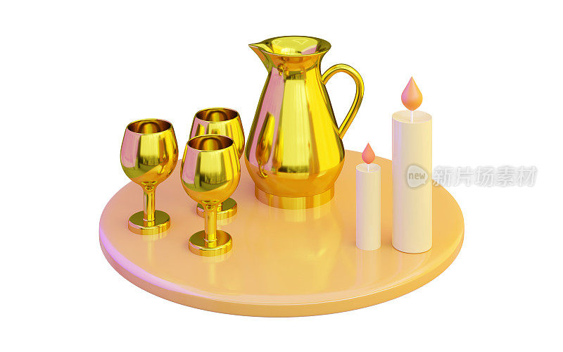 金色的罐子和玻璃图标与蜡烛在白色背景3d渲染概念斋月开斋
