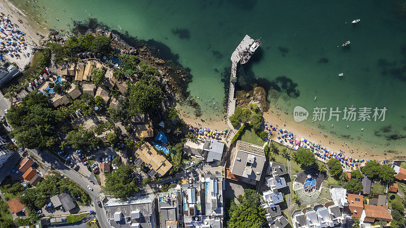 沿海地区，绿海边有房屋和港口