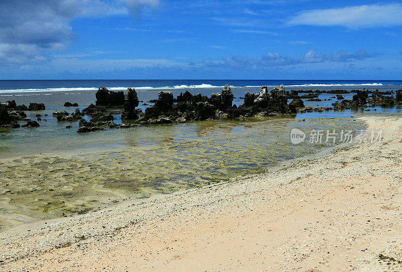 瑙鲁梅能区，巴蒂海滩——沙和岩石的尖峰