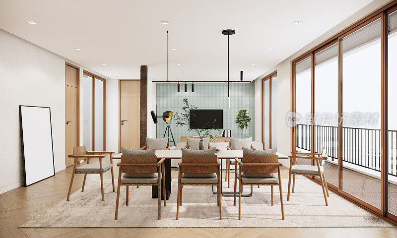 现代日式风格，日式房间室内设计和装饰以木制家具为主，餐厅和客厅带阳台。3d渲染模型公寓在最小的设计。