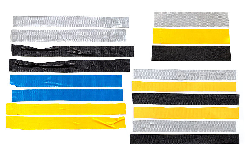 黄色，灰色，黑色，蓝色的胶带被隔离在白色的背景上。撕裂水平和不同大小的胶带，粘片。可以使用商业用纸和横幅产品吗