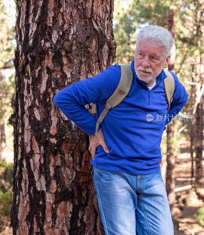 一位白发苍苍的老人在山上徒步旅行，靠在树干上，摸着背，喘着气。那位领养老金的老人身体不太舒服