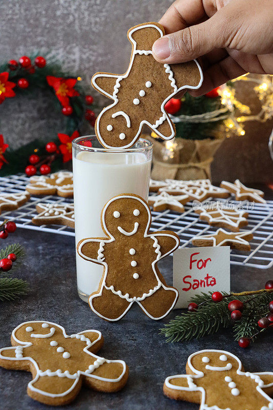 无法辨认的人把姜饼人饼干浸在牛奶杯里，用白色皇家糖霜装饰，迷你圣诞树，红色和金色的小装饰物，花环，灰色背景，家庭烘焙