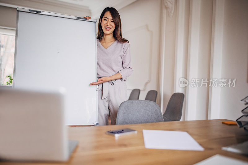 女商人正在进行视频电话会议，并在白板上显示图表