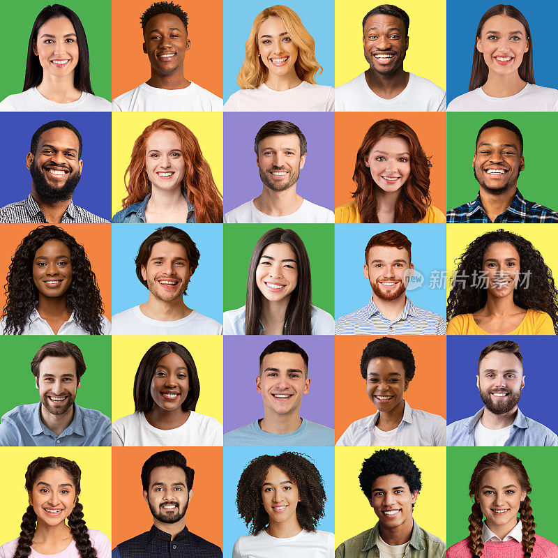 在彩色背景上展示快乐情绪的多种族男女肖像拼贴画。多民族社会