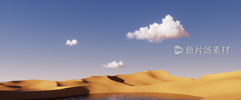 3d渲染，抽象梦幻的全景背景。沙漠景观与沙水和方镜下的湛蓝天空。现代简约美学壁纸
