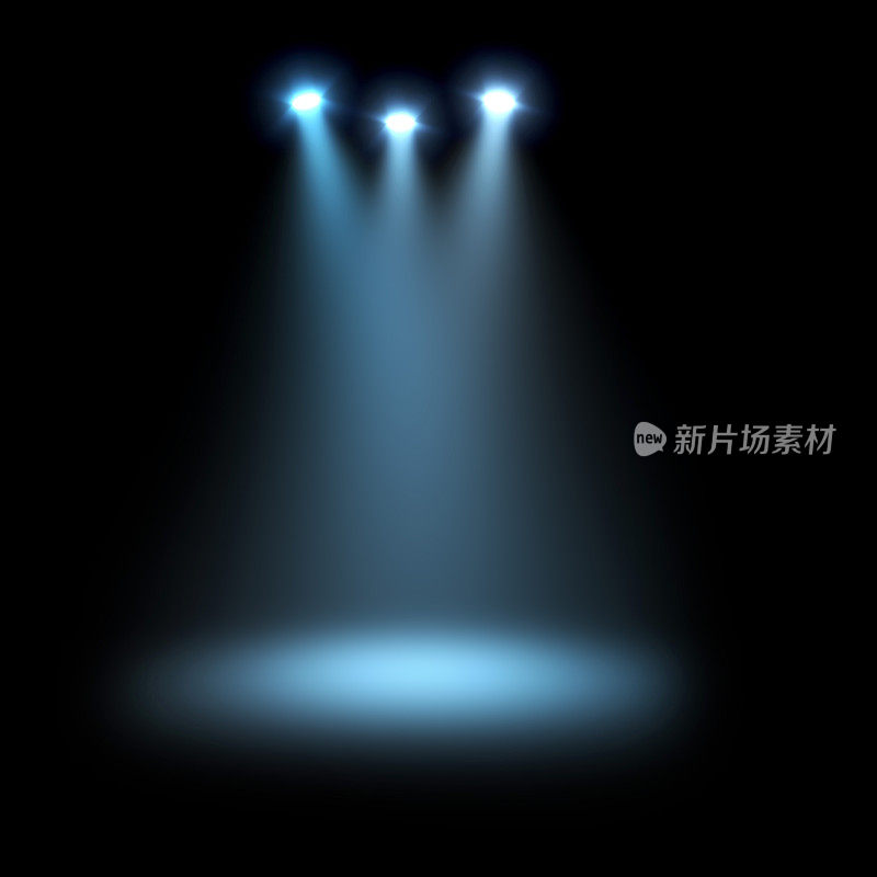 三个明亮的聚光灯在舞台上的效果，用于图像编辑和叠加