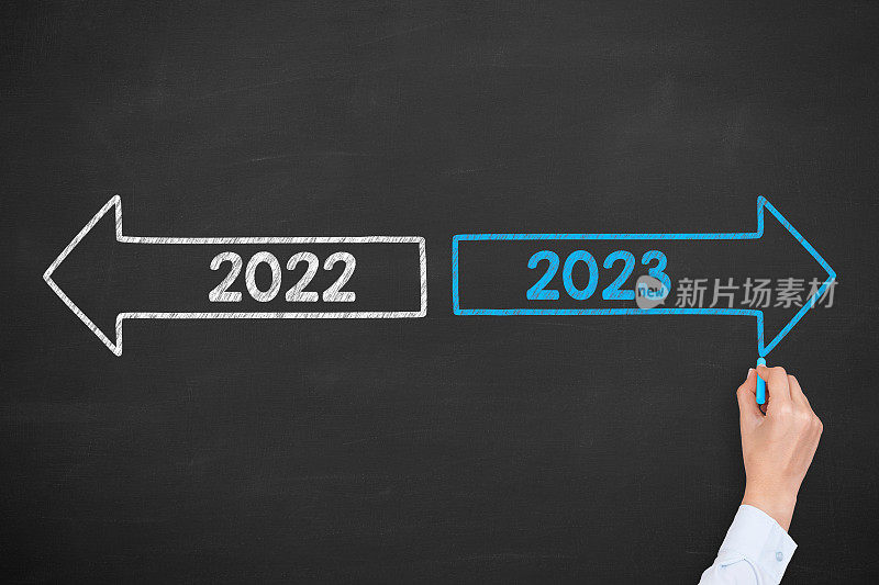 在黑板背景上手绘旧年或2023年