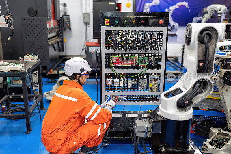在机器人维修车间，工程师手持万用表测试机器人控制面板的电缆布线