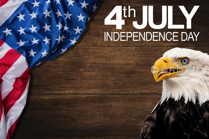 这幅油画描绘的是一只雄壮的白头鹰，它的脸上插着美国国旗，背景是一张模糊的、饱受战争折磨的美国国旗照片。“7月4日独立日”的纹理。