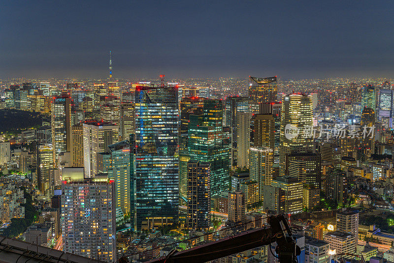 一组建筑物和东京天空树的夜景，日本，东京，港区