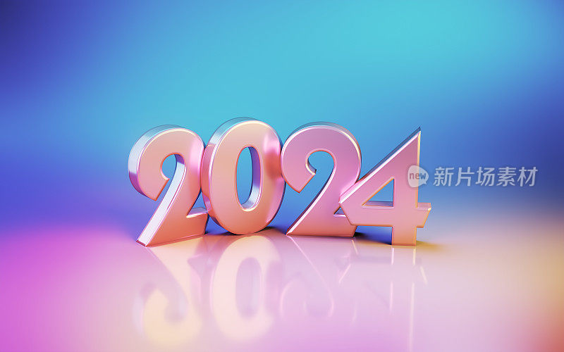 2024年新年坐在柔软的蓝粉橙背景