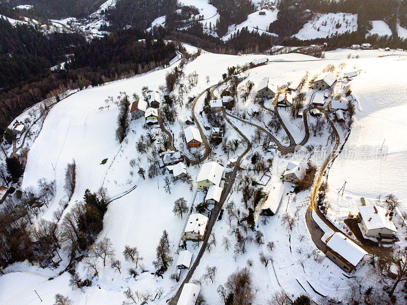 鸟瞰一个古色古香的白雪覆盖的村庄，周围是冬天的树木。