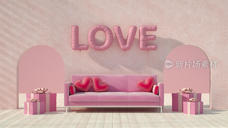 情人节的概念，粉红色的沙发，爱情气球和心形枕头