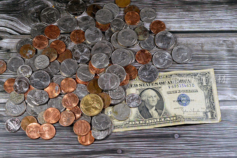 美国硬币1分，5分，10分，25分四分，1美元，复古复古的一美元系列1935年乔治华盛顿钞票，美国旧钞票和硬币