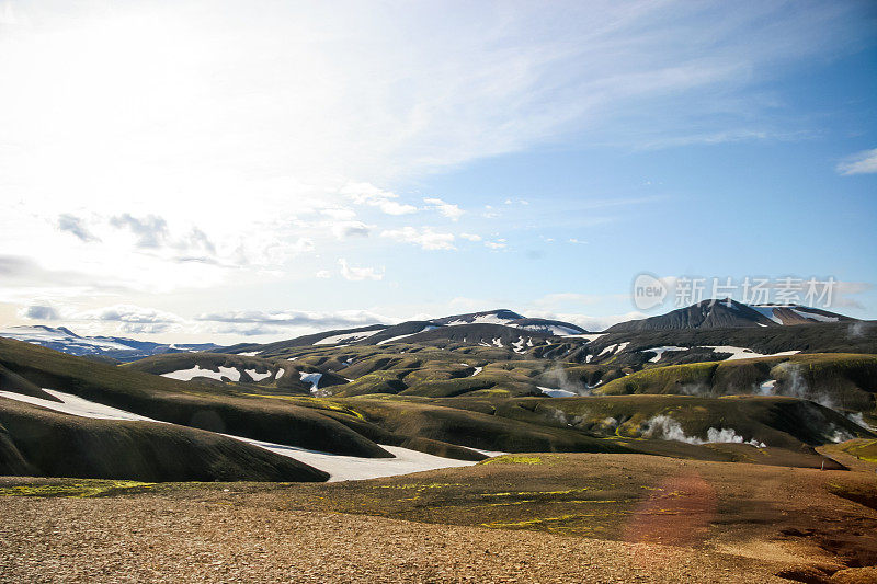 冰岛Laugevegur步道起点的Landmannalaugar周围起伏的、色彩斑斓的山脉，山谷的阴影中隐藏着积雪