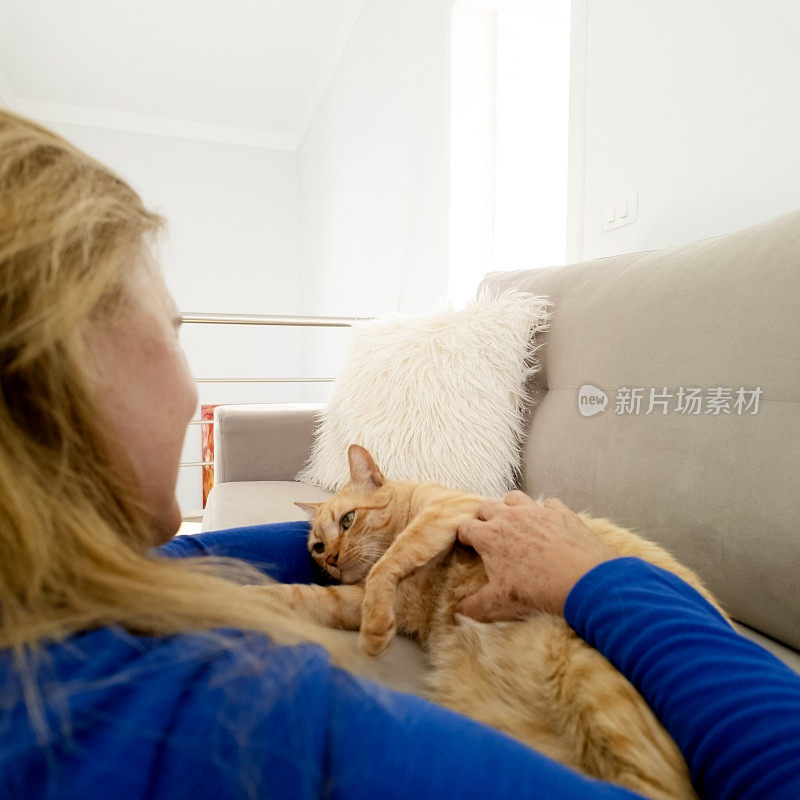 女人和他的姜黄色猫在家里。