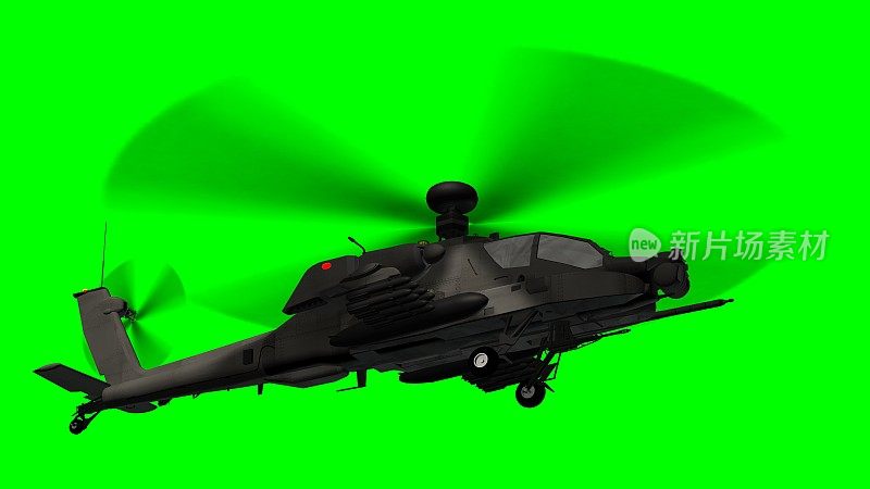 绿色屏幕上的武装阿帕奇攻击直升机正在飞行