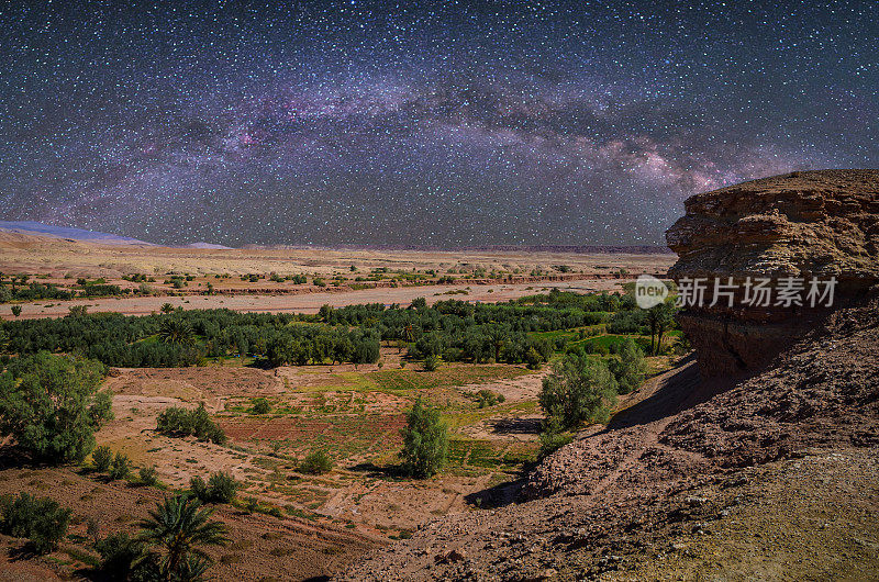 夜间沙漠景观与阿特拉斯山附近卡斯巴艾特本哈杜，摩洛哥