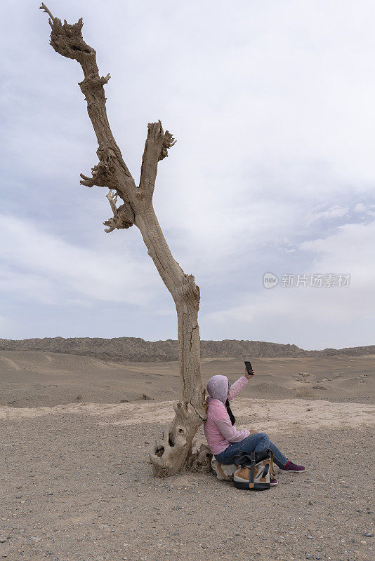 戈壁滩上，枯树下的女孩在自拍