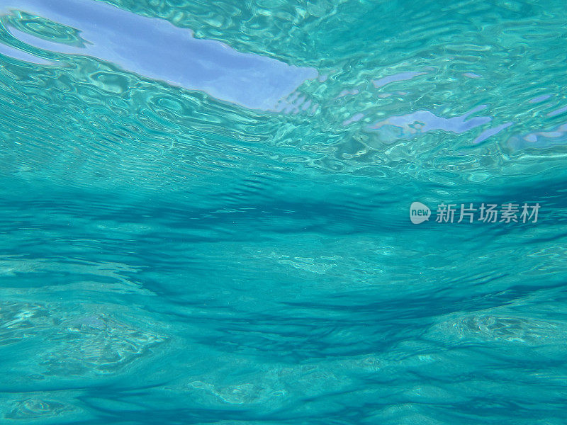在蓝色泻湖的水下照片，马耳他，清澈的水仰望蓝色的夏天的天空