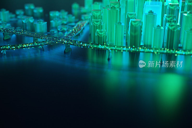 物联网。未来科技背景，网络游戏城市。三维渲染