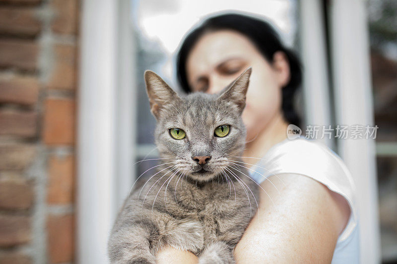 女人抱着她的猫