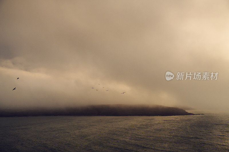 从庞特岬角，纽基，康沃尔透过浓密的海雾在一个秋天的一天。