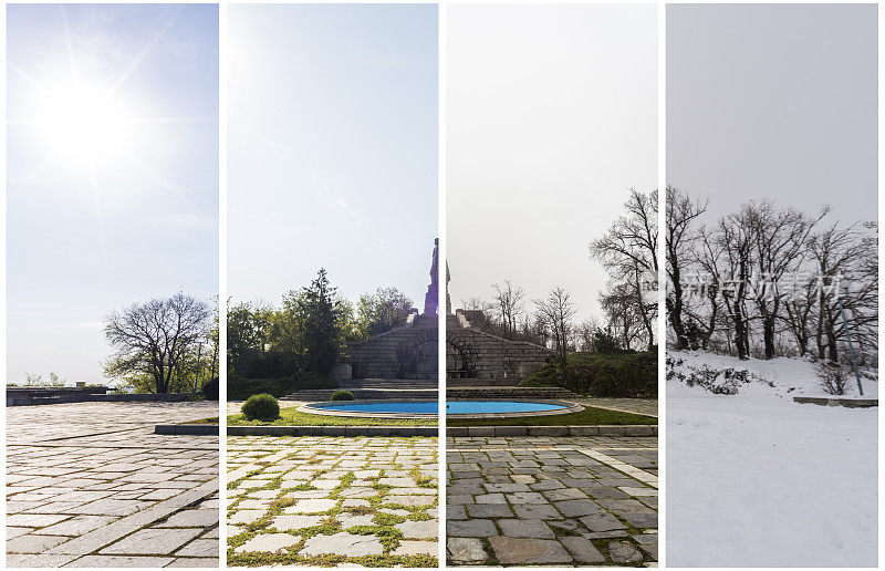 四季的概念。四季对城市环境的影响。一年内拍摄的一个地方的四张照片，无缝地融合在一个摄影合成中。