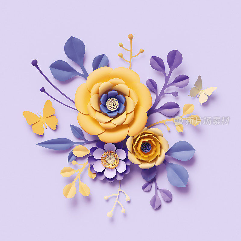 3d渲染，紫黄色工艺纸花，植物背景，插花，节日花束，明亮的糖果颜色，孤立剪贴艺术，装饰点缀
