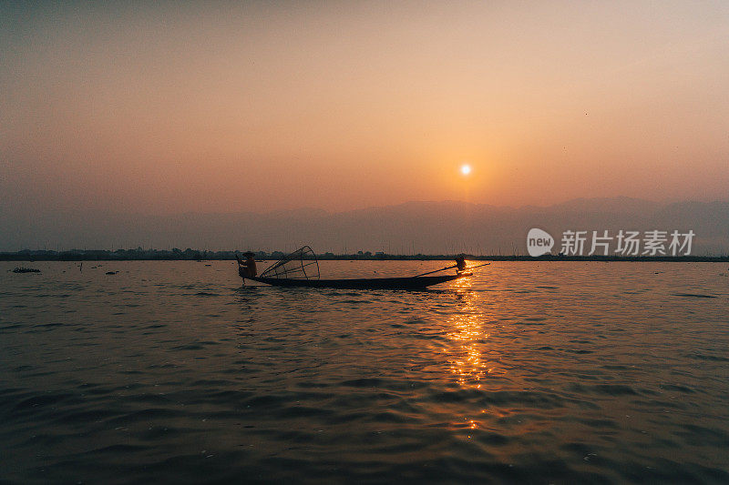 风景剪影的渔民在茵莱湖