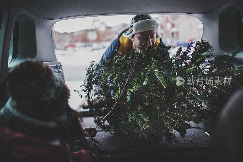 父亲正在把圣诞树装进汽车