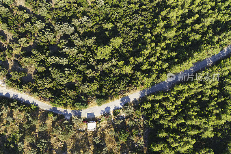 从鸟瞰图上可以看到一条长长的道路两侧是一片绿色的森林。