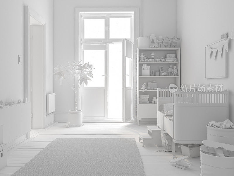 白色儿童房间斯堪的纳维亚风格3D渲染