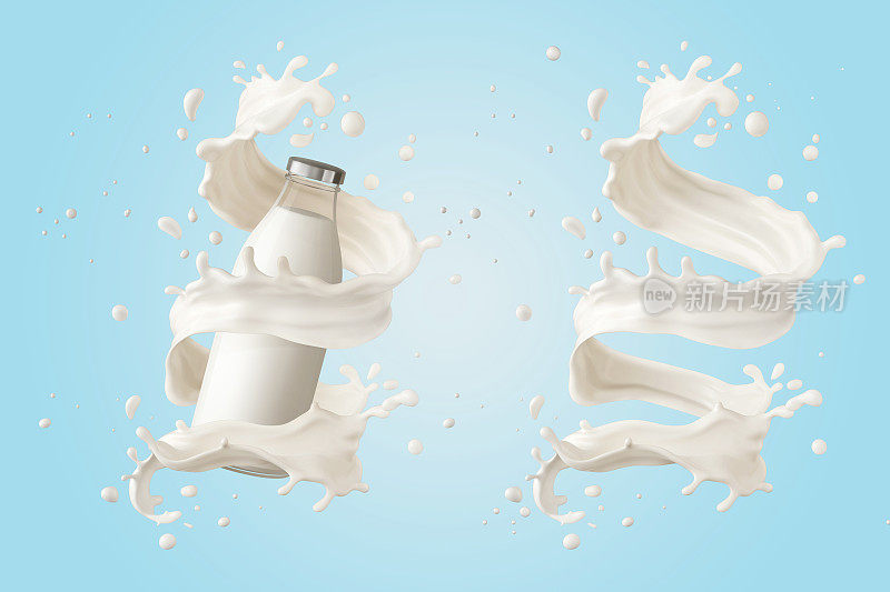 玻璃牛奶瓶与扭曲牛奶飞溅。