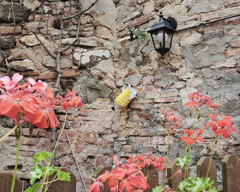 浇水罐挂在花园的石墙上