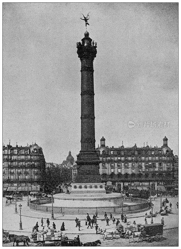 世界地标的古老照片(约1894年):巴士底广场，巴黎，法国