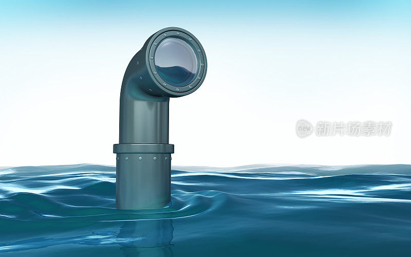 潜望镜出现在蓝色的水中