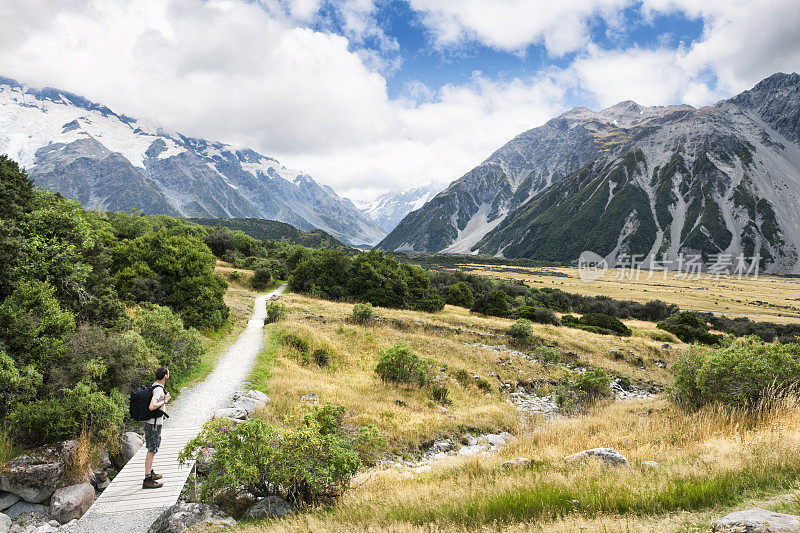 新西兰南阿尔卑斯山库克山的徒步旅行者