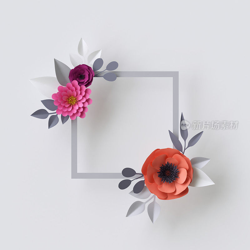 3d渲染，抽象纸花，花卉背景，空白方形框架，贺卡模板