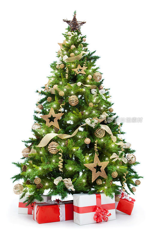 圣诞树上点缀着白色的彩灯和礼物