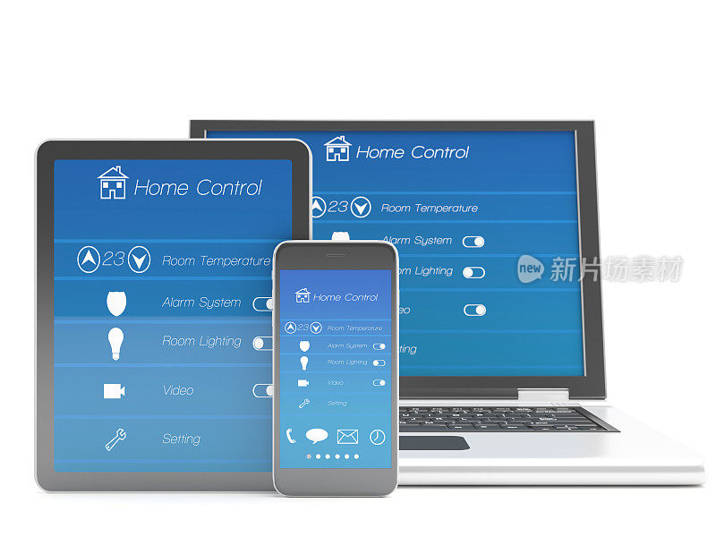 平板电脑，移动电话和笔记本电脑与程序智能家居自动化
