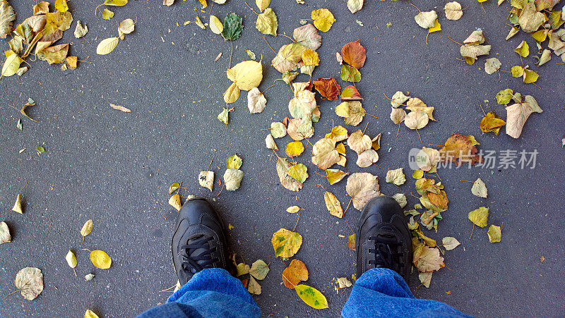脚踩在柏油路上，踩着干树叶。