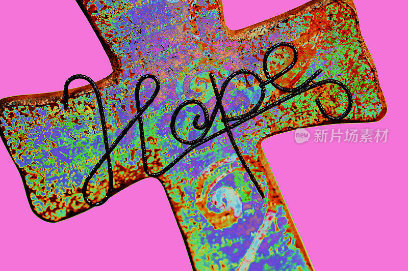 宗教:希望的十字架在迷幻的颜色在粉红色的背景