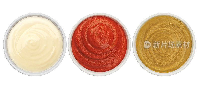 番茄酱，蛋黄酱和芥末孤立在白色背景俯视图
