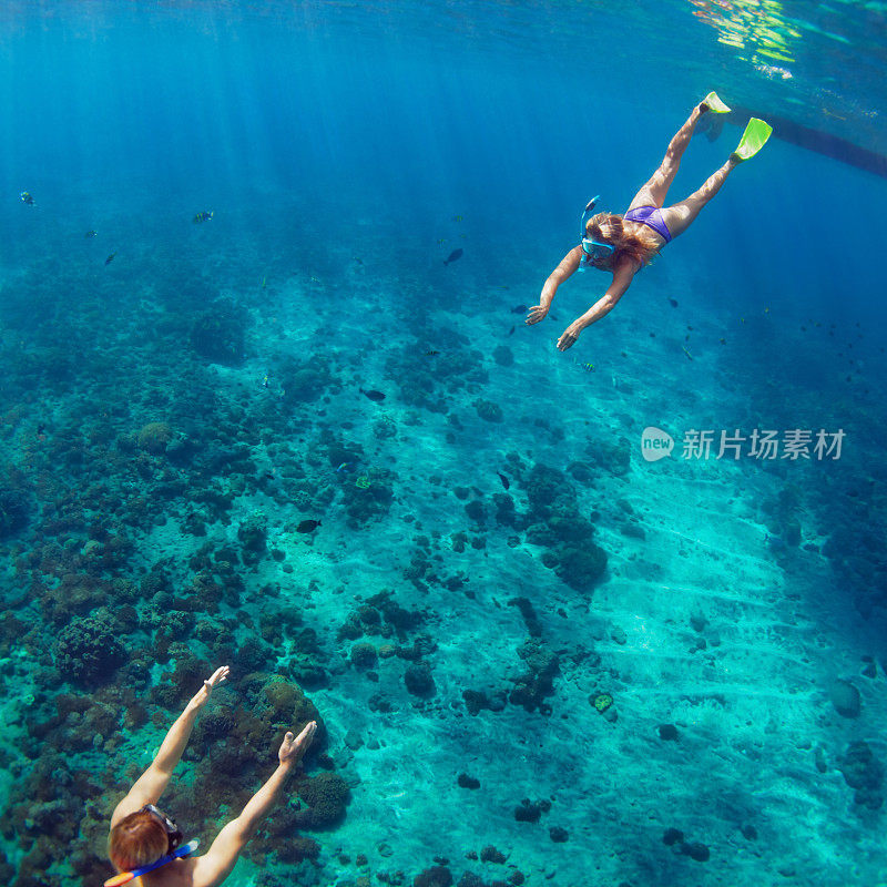 快乐的夫妇浮潜在珊瑚礁的水下