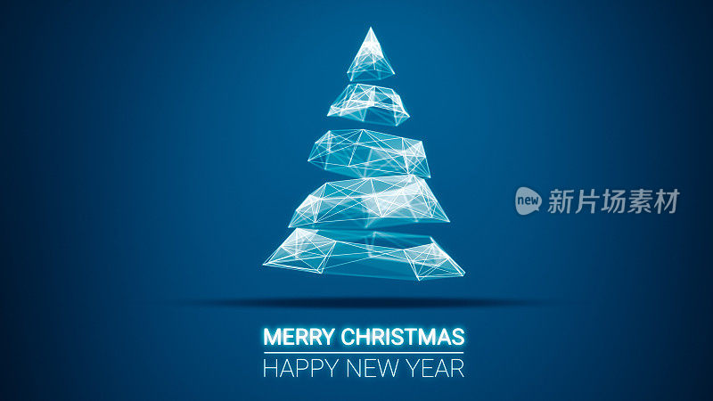 现代未来圣诞树和圣诞快乐和新年祝福信息在蓝色的背景。优雅的节日社交数码卡为科技，未来商务
