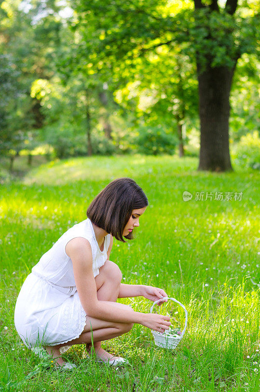 在夏日森林里采摘鲜花的女人