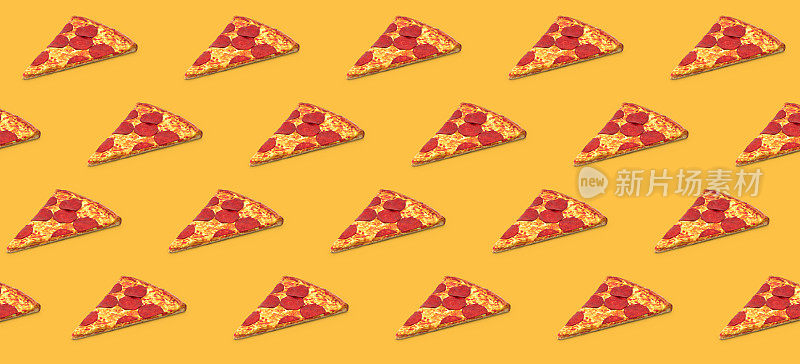 重复的3D披萨对象在黄色背景